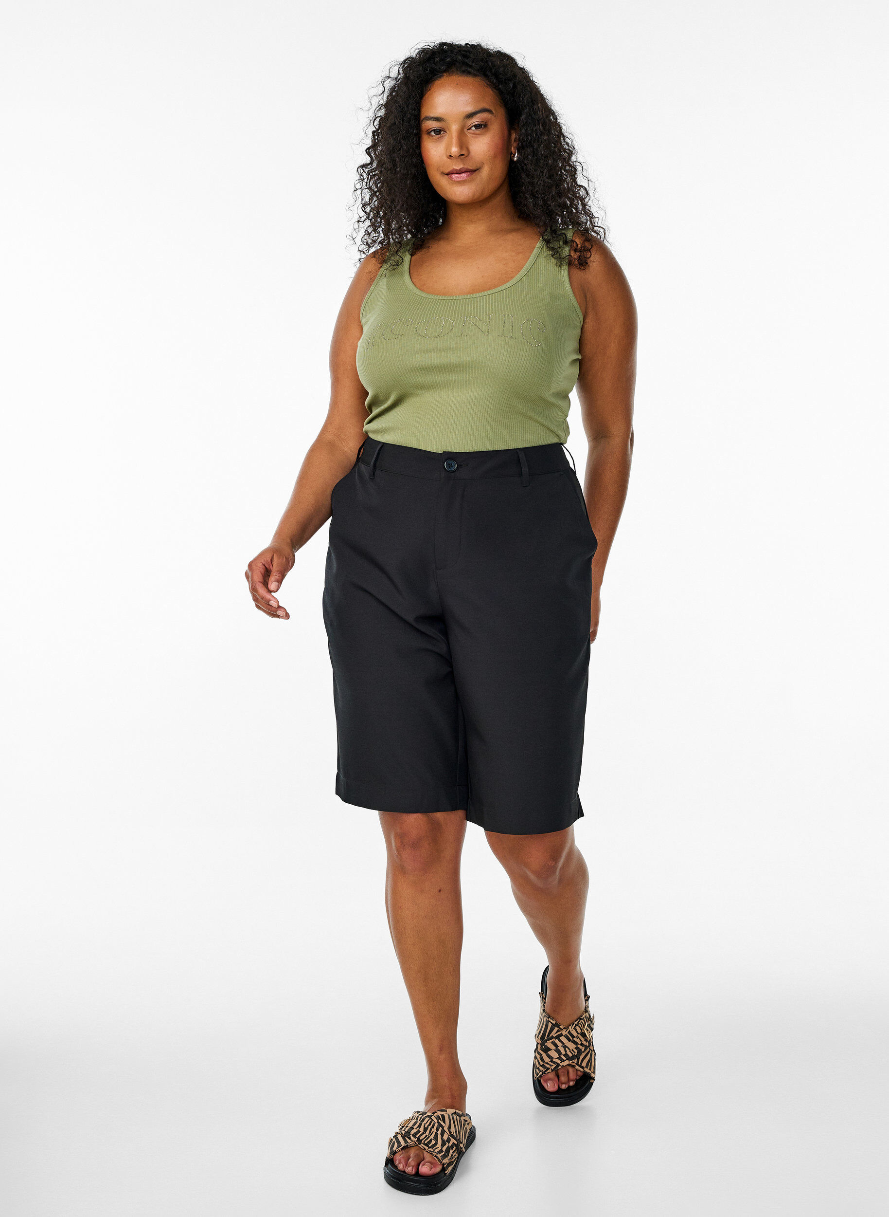 Zizzifashion Slim-fit tank top with rhinestones, Green, Model image number 1