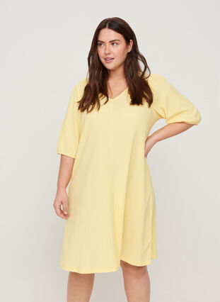 Dress with puff sleeves and V-neck, Mellow Yellow, Model image number 0