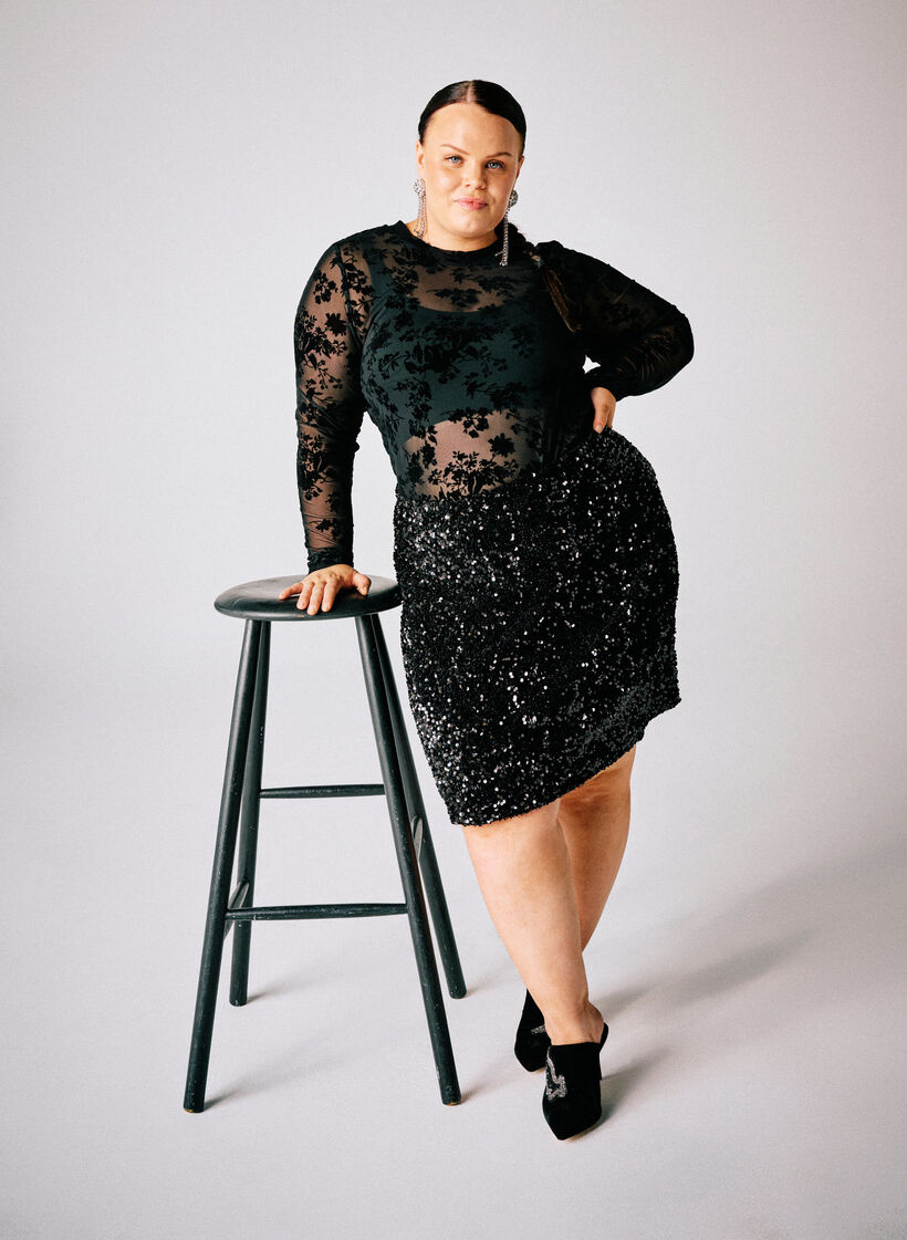 Mesh blouse with floral pattern, Black, Image image number 0