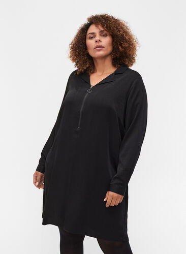 Long-sleeved dress with collar and zip, Black, Model image number 0