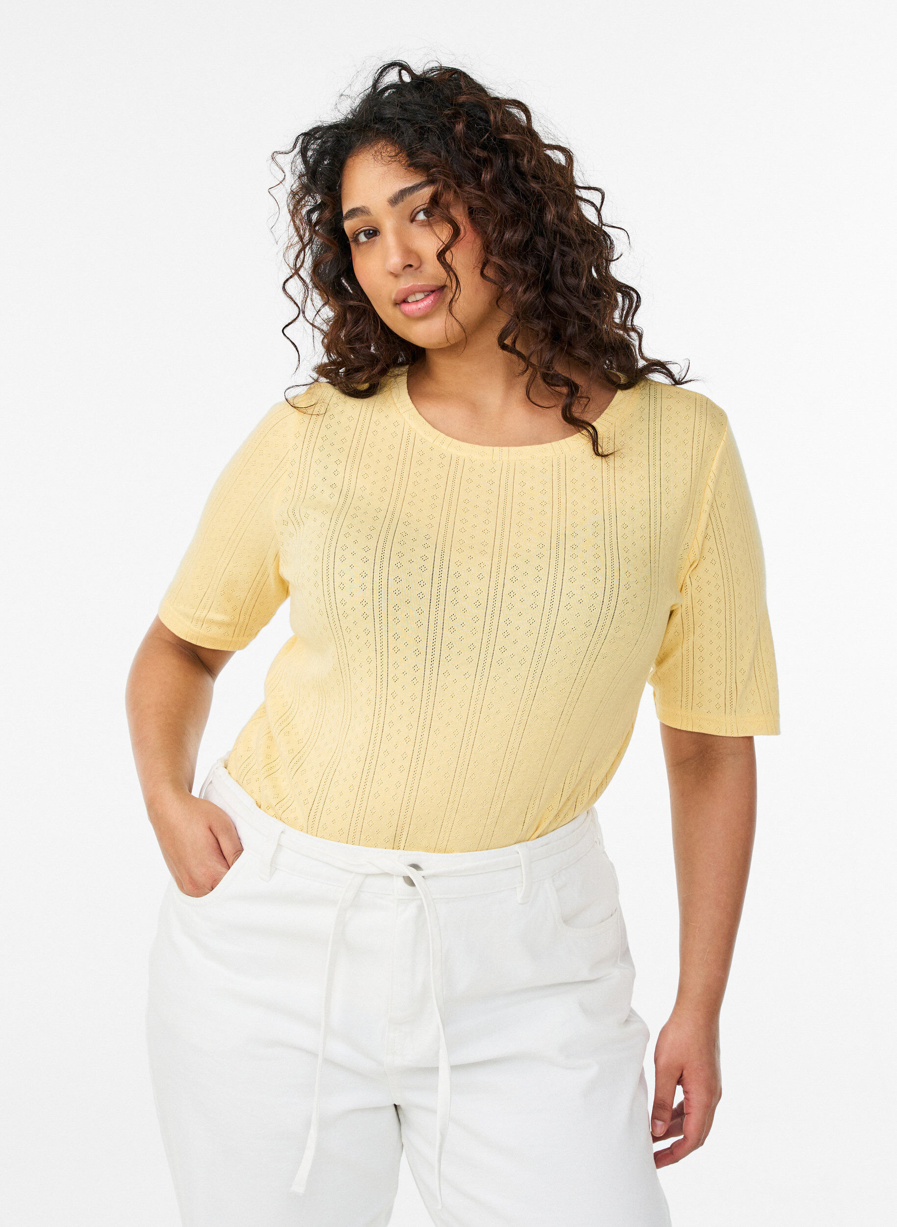 Cotton T-shirt with eyelet embroidery, Yellow, Model