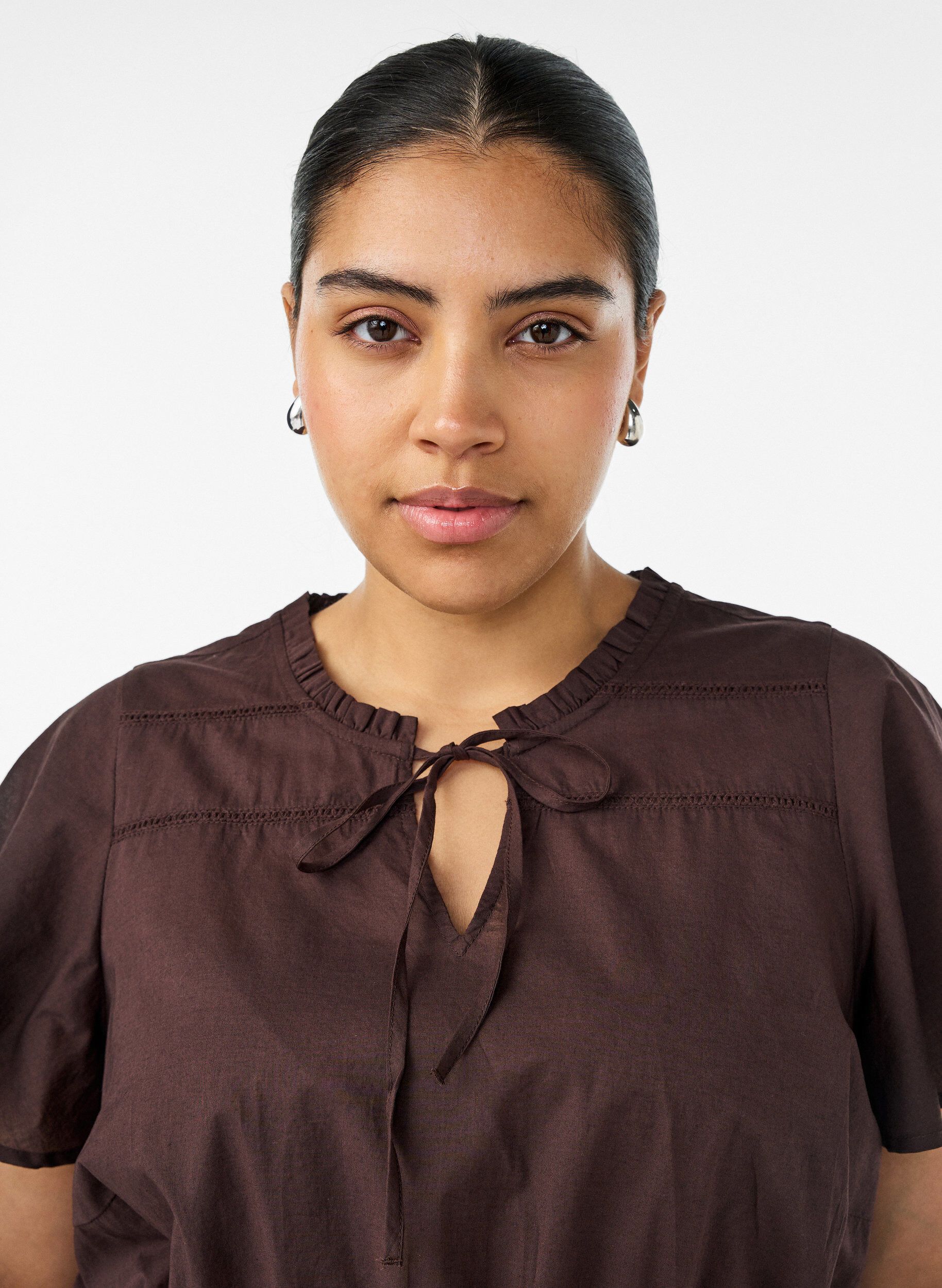 Zizzifashion Cotton blouse with tie-string and elastic waist, Brown, Model image number 3