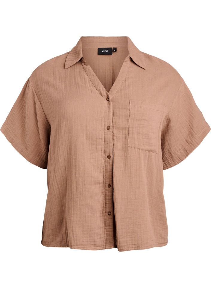 Cotton muslin blouse with short sleeves, Brown, Packshot