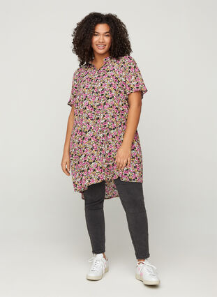 Short-sleeved viscose tunic with buttons, Primula Flower Mix, Model image number 2