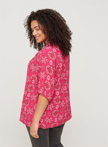 Printed viscose blouse with 3/4-length sleeves, Pink Indian , Model image number 1