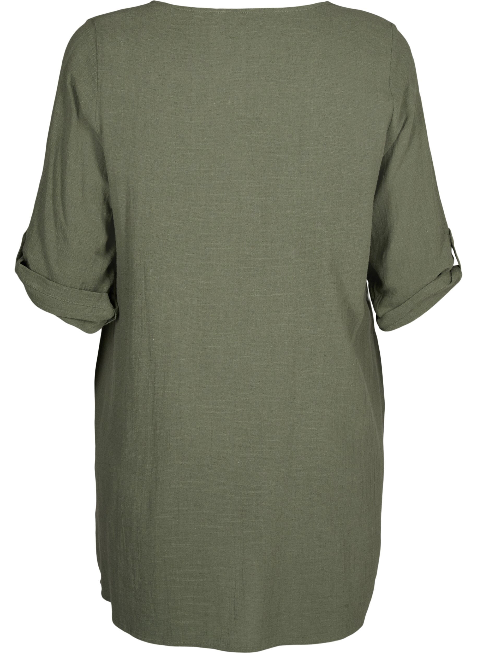 Zizzifashion 3/4 sleeve cotton blend tunic with linen, Thyme, Packshot image number 1