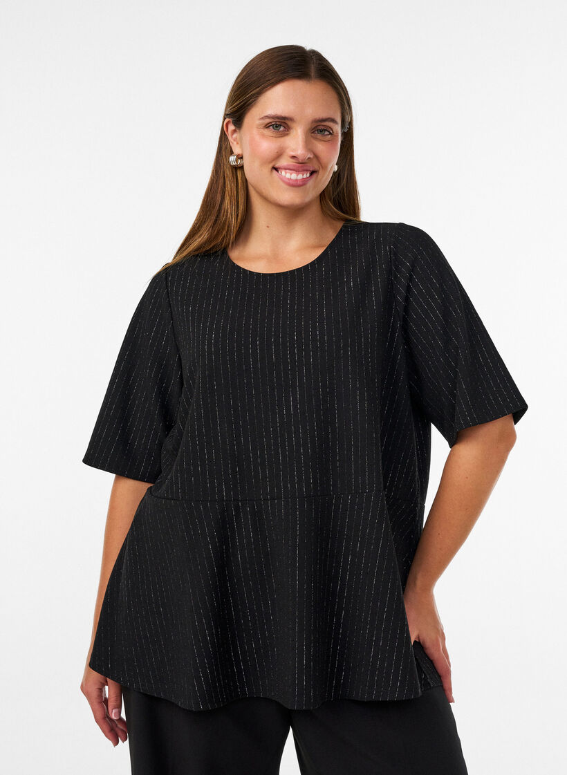 Peplum blouse with glitter stripes, Black, Model image number 0