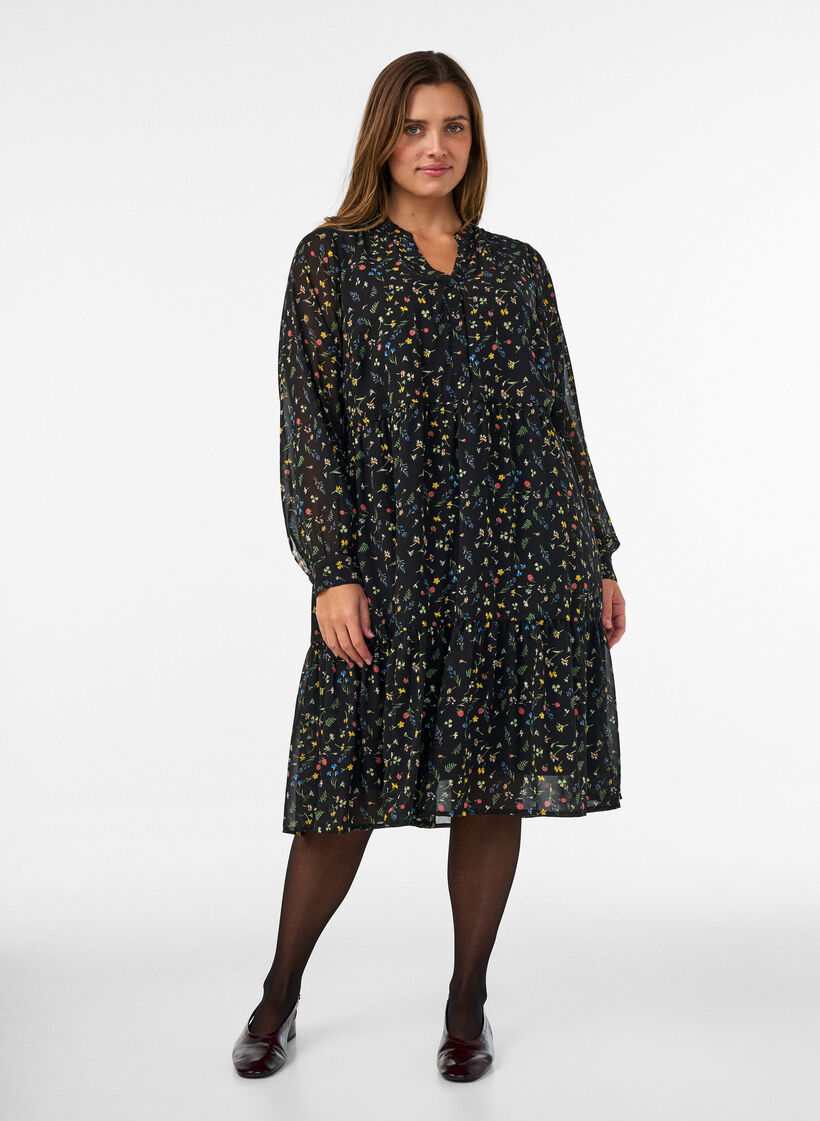 Dress with all-over print and a ruffle layer, Black, Model image number 0