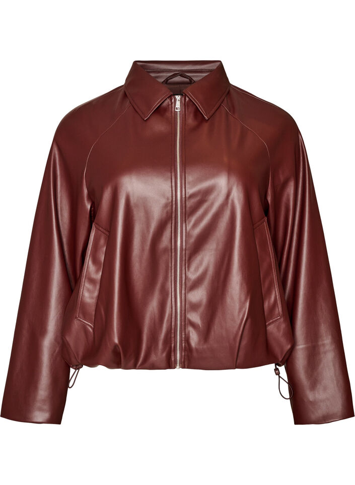 Faux leather bomber jacket with a drawstring hem, Brown, Packshot image number 0