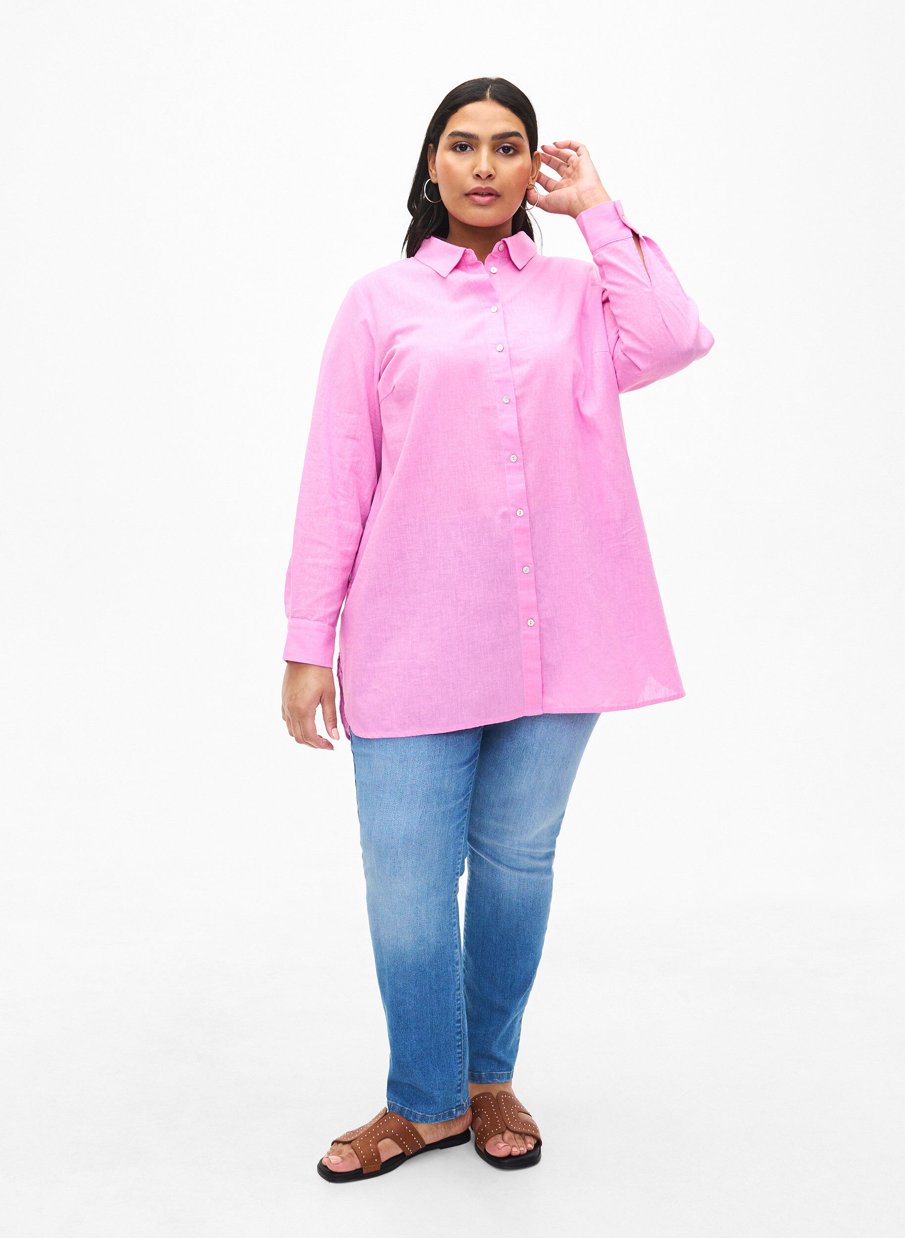 Zizzifashion Long shirt in linen and cotton, Rosebloom, Model image number 2
