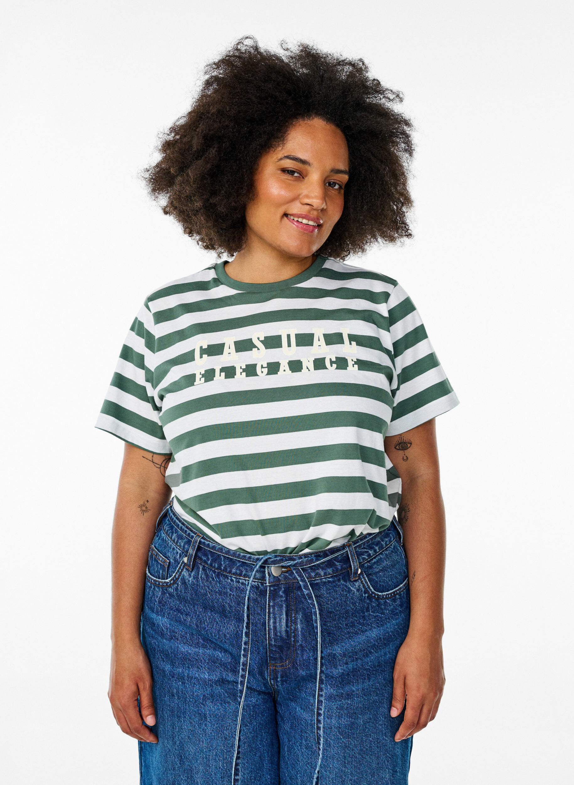 Zizzifashion Organic cotton T-shirt with stripes and text, Green, Model image number 0