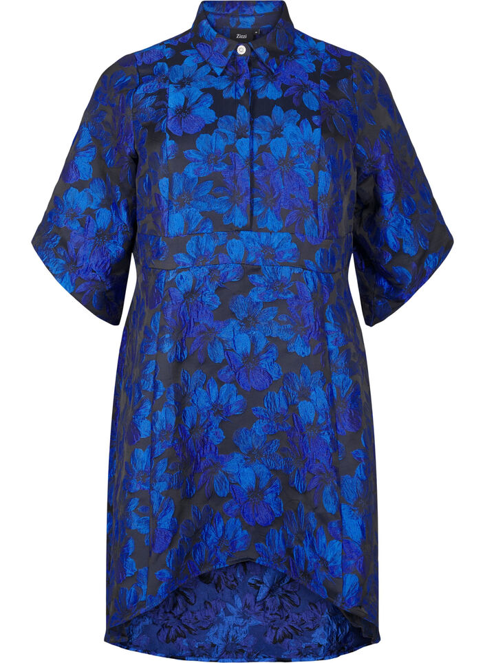 Short jacquard dress with 3/4 sleeves, Black Blue, Packshot image number 0