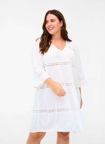 Viscose A-line dress with lace trim, White, Model image number 0