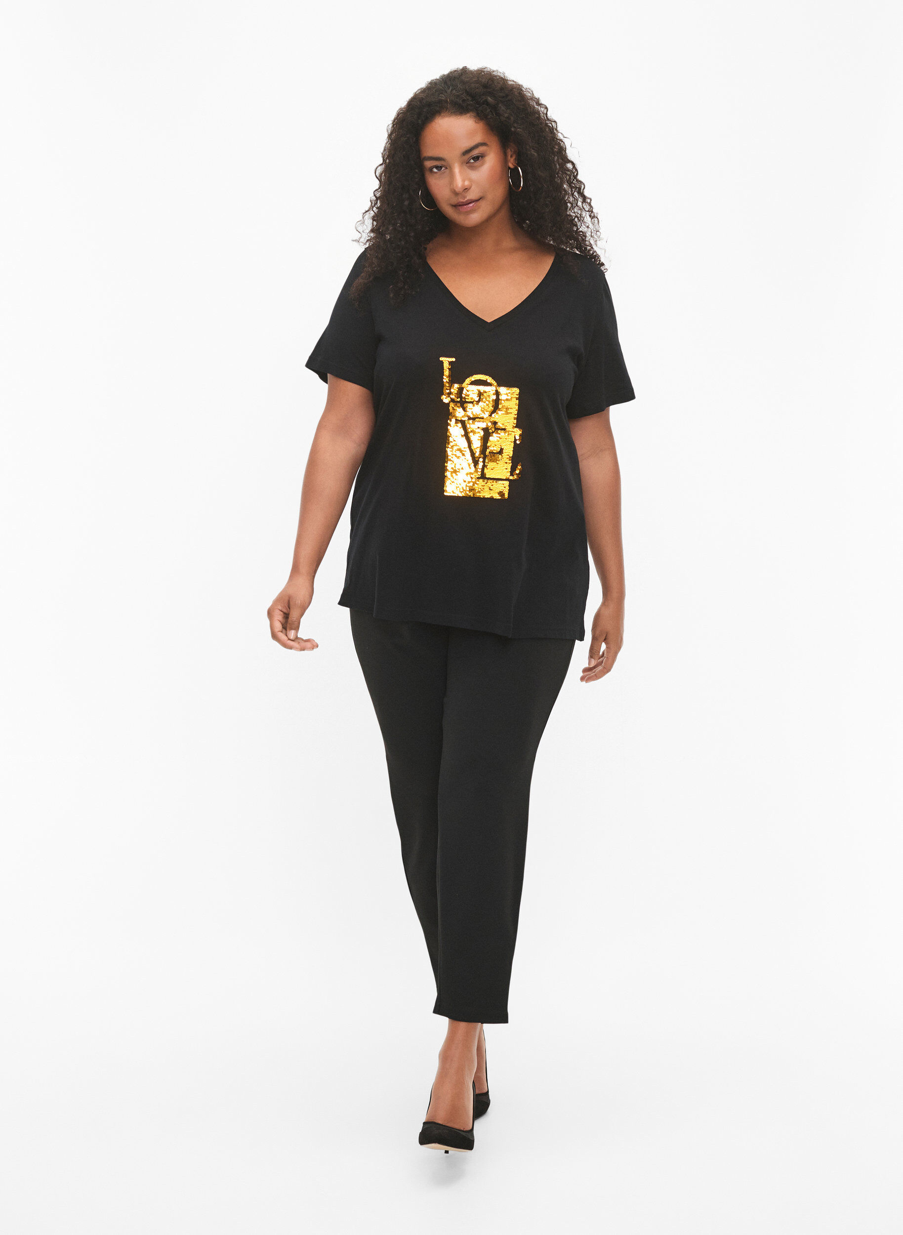 Zizzifashion Cotton t-shirt with sequins, Black w. Love, Model image number 2