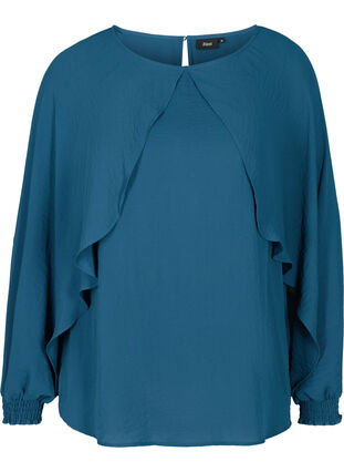 Blouse with balloon sleeves and smocking, Majolica Blue, Packshot image number 0