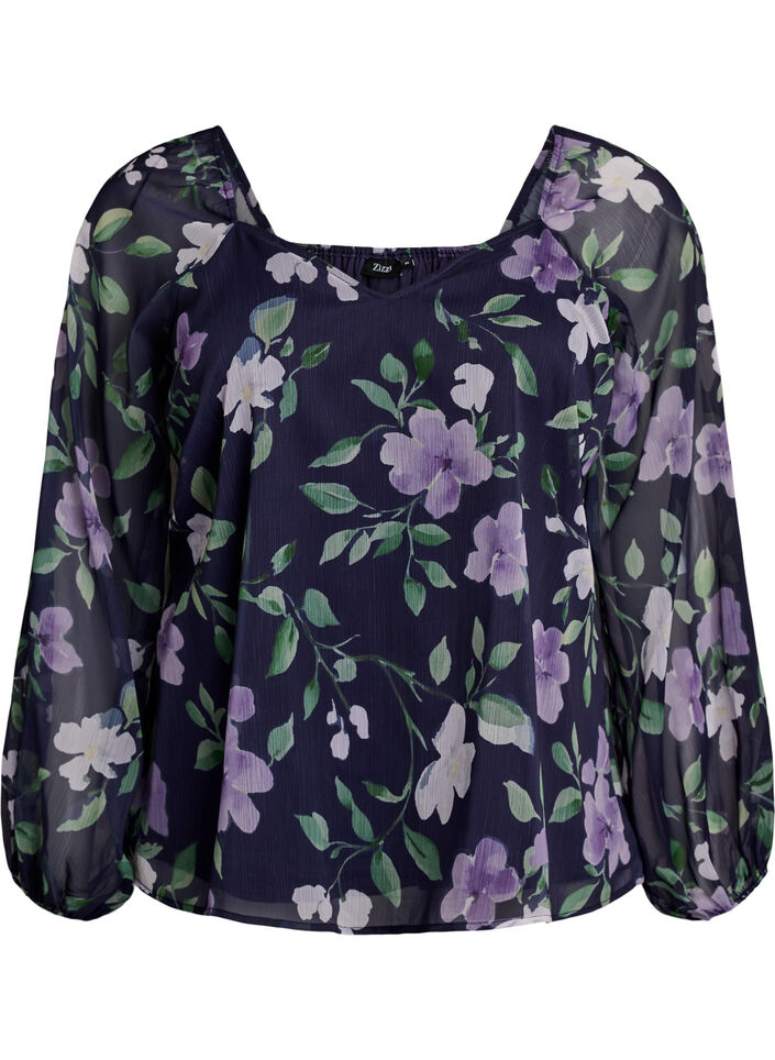 Chiffon blouse with floral print and long sleeves, Blue, Packshot image number 0