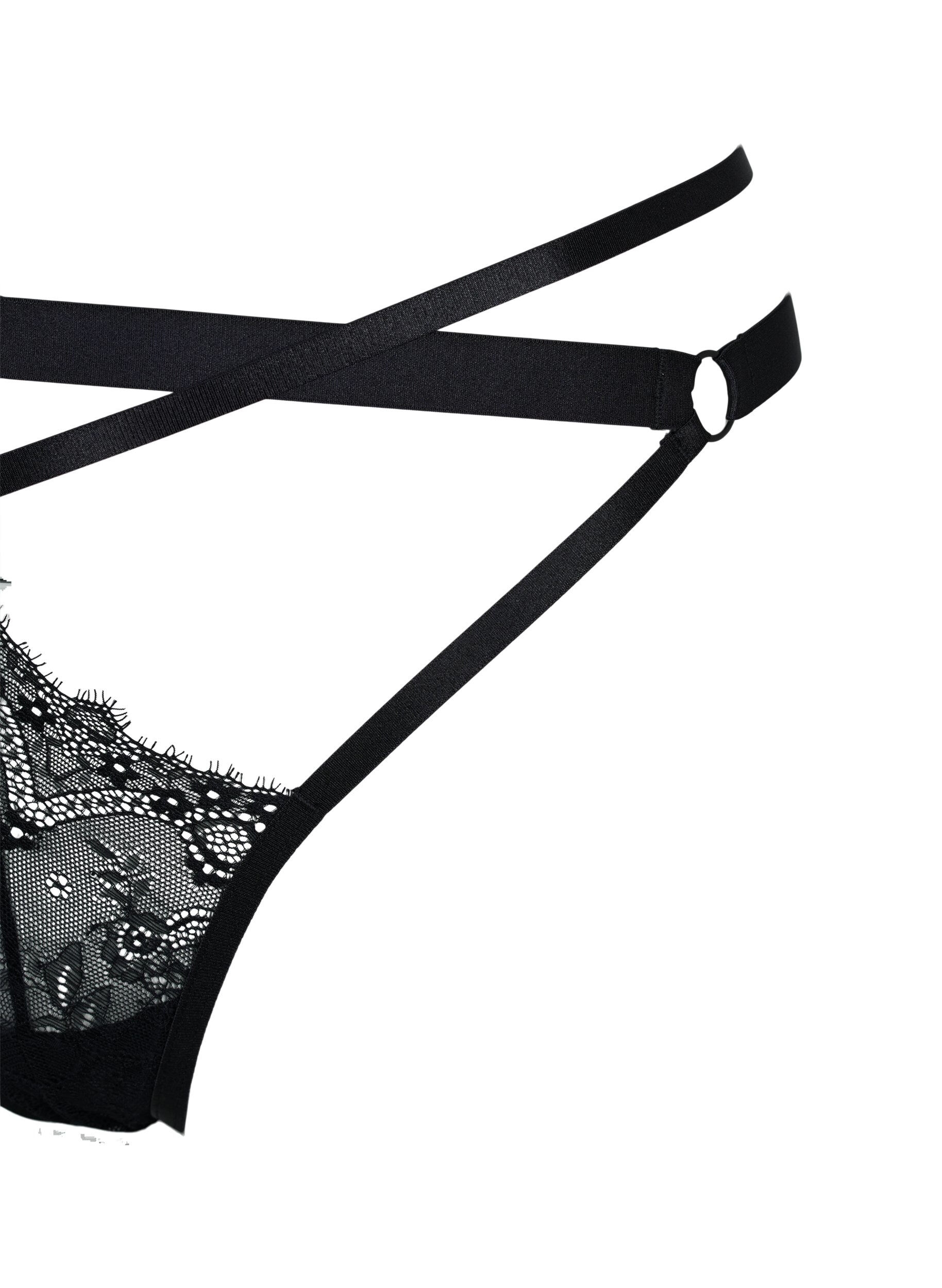 Zizzifashion Thong with string details and lace, Black, Packshot image number 3