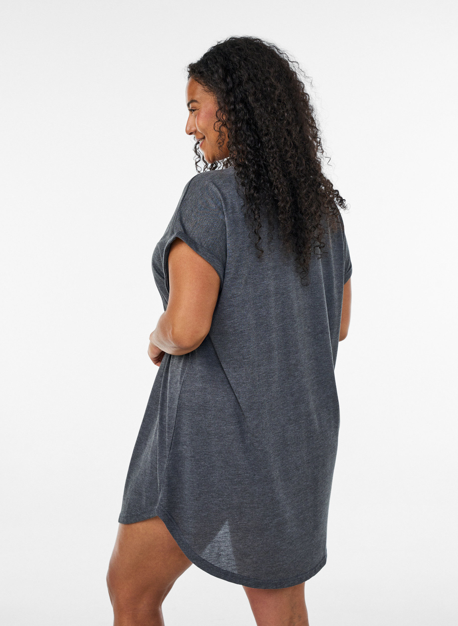 ZizzifashionShort sleeve nightgown with text print, Black, Model image number 2