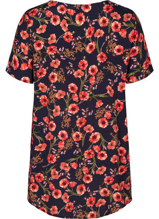 Floral viscose blouse with short sleeves, Black Poppy Flower, Packshot image number 1
