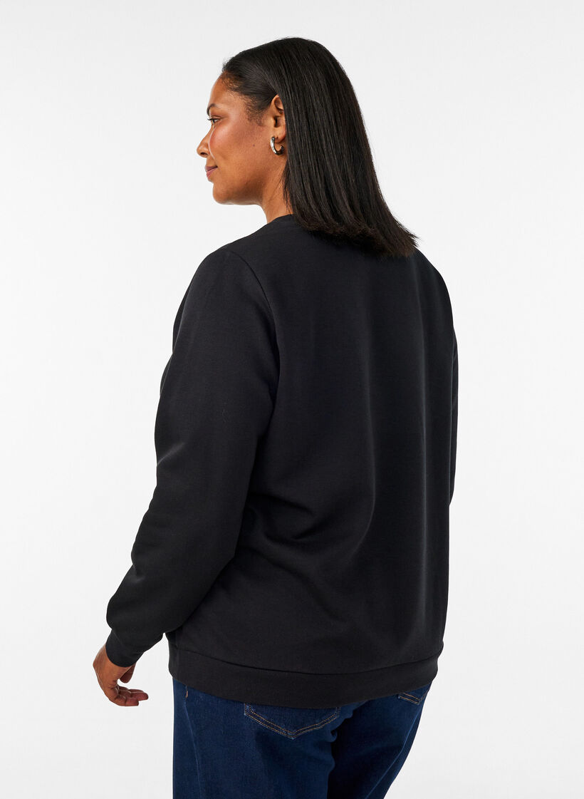 Sweatshirt with rose print and rhinestones, Black, Model image number 2