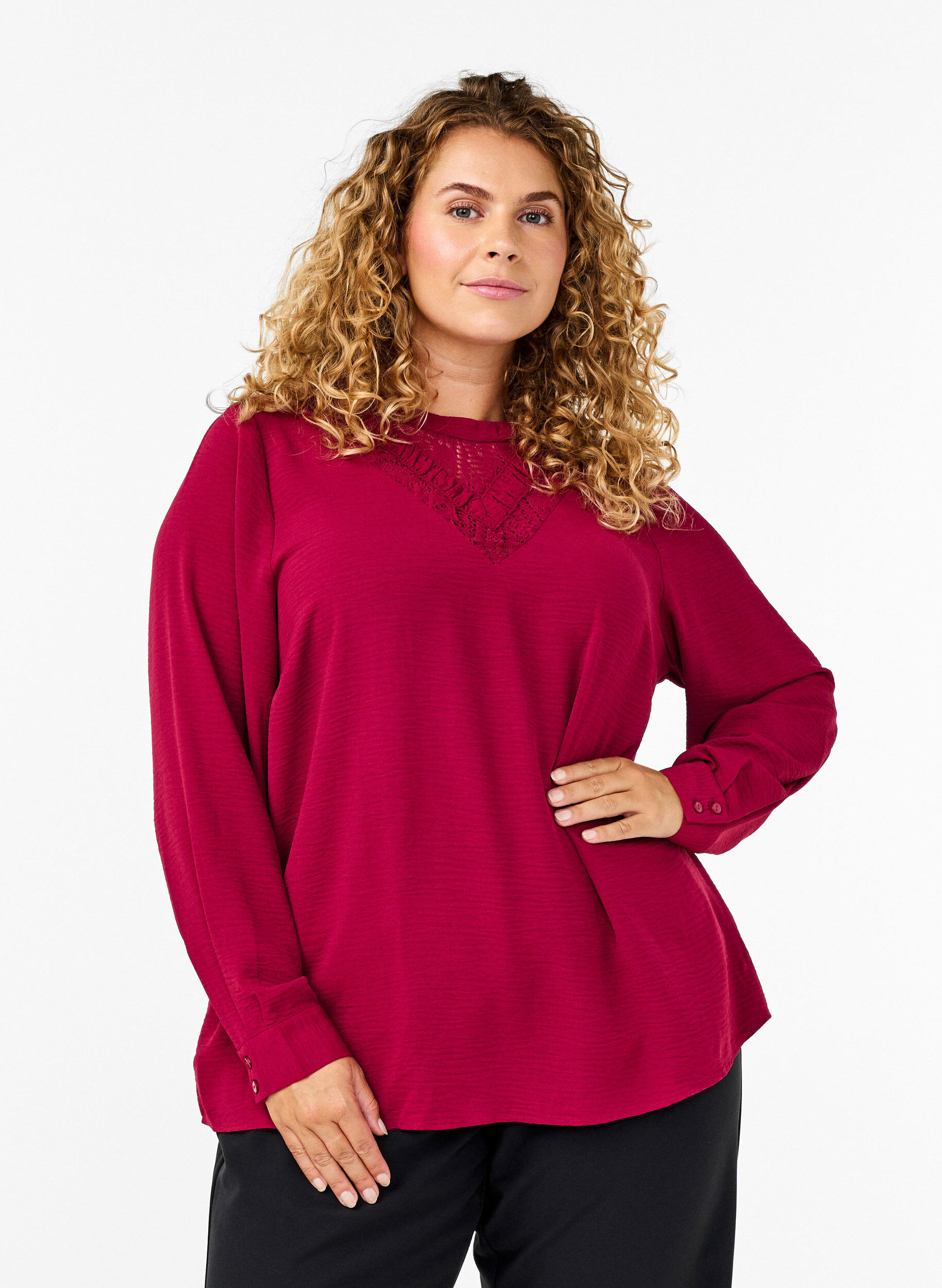 Zizzifashion Blouse with lace detail, Red Plum, Model image number 0