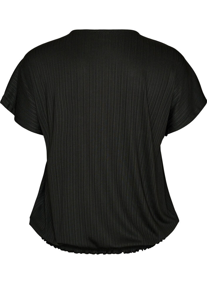 Jersey blouse with textured stripes and a smocked hem, Black, Packshot image number 1
