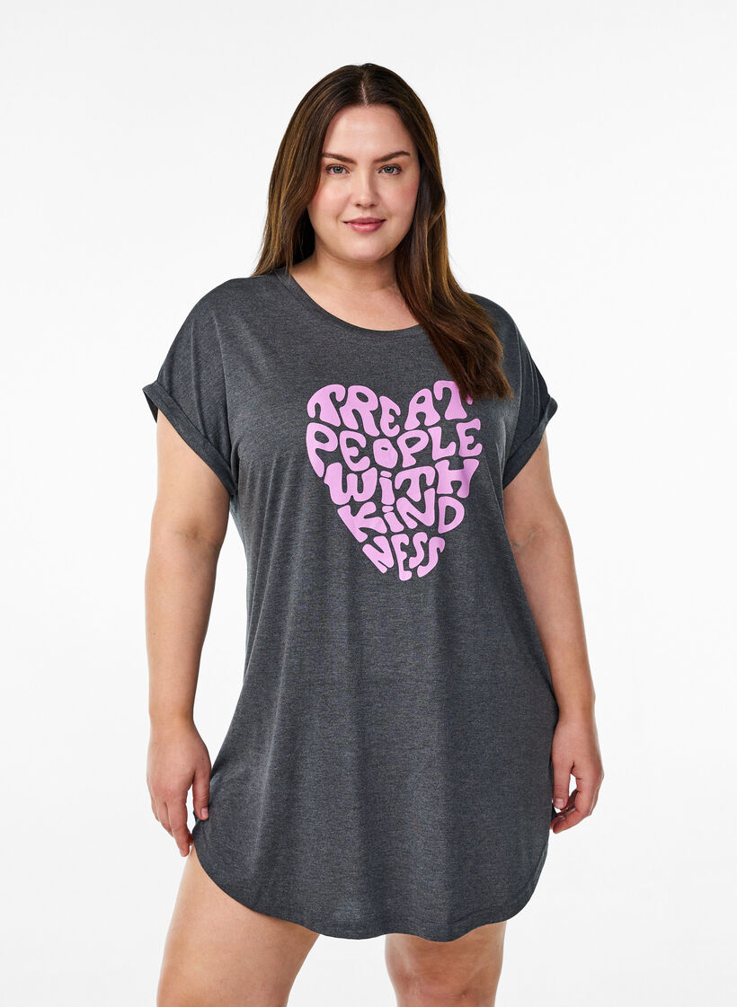 Short sleeve nightgown with text print, Black, Model image number 0