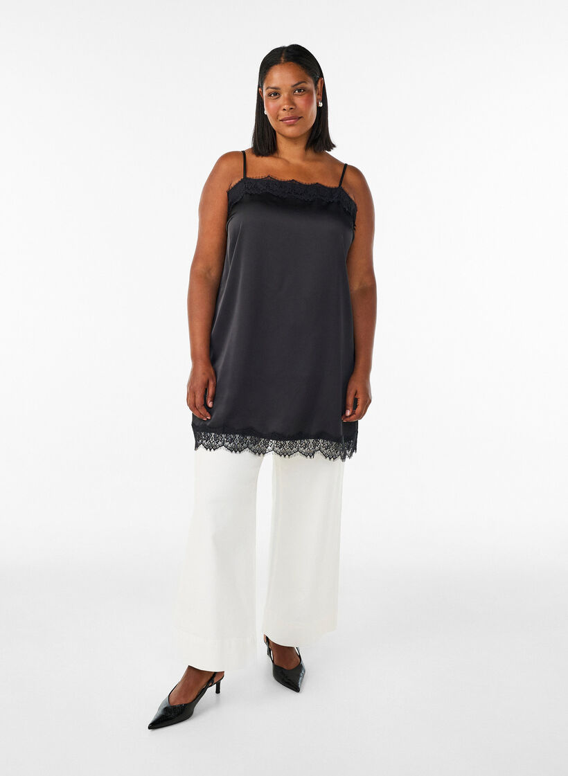 Long satin top with lace edges, Black, Model image number 1