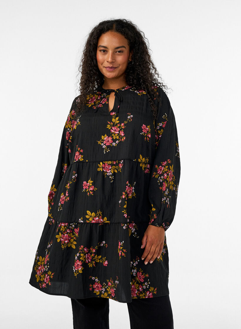 Floral print dress with tie fastening, Black, Model image number 0