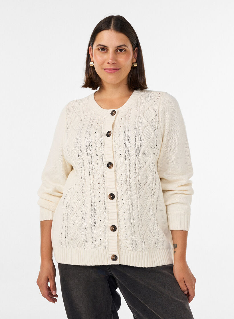 Cardigan with cable-knit pattern, Vanilla, Model image number 0
