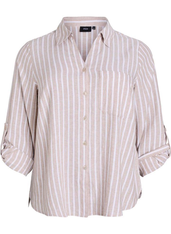 Shirt in linen and viscose with 3/4 sleeves, Beige, Packshot image number 0