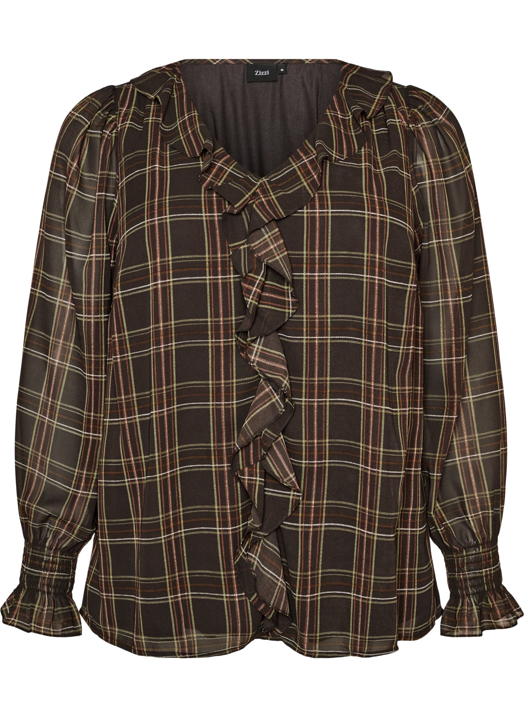 ZizzifashionBlouse with check and ruffle details, Green, Packshot image number 0