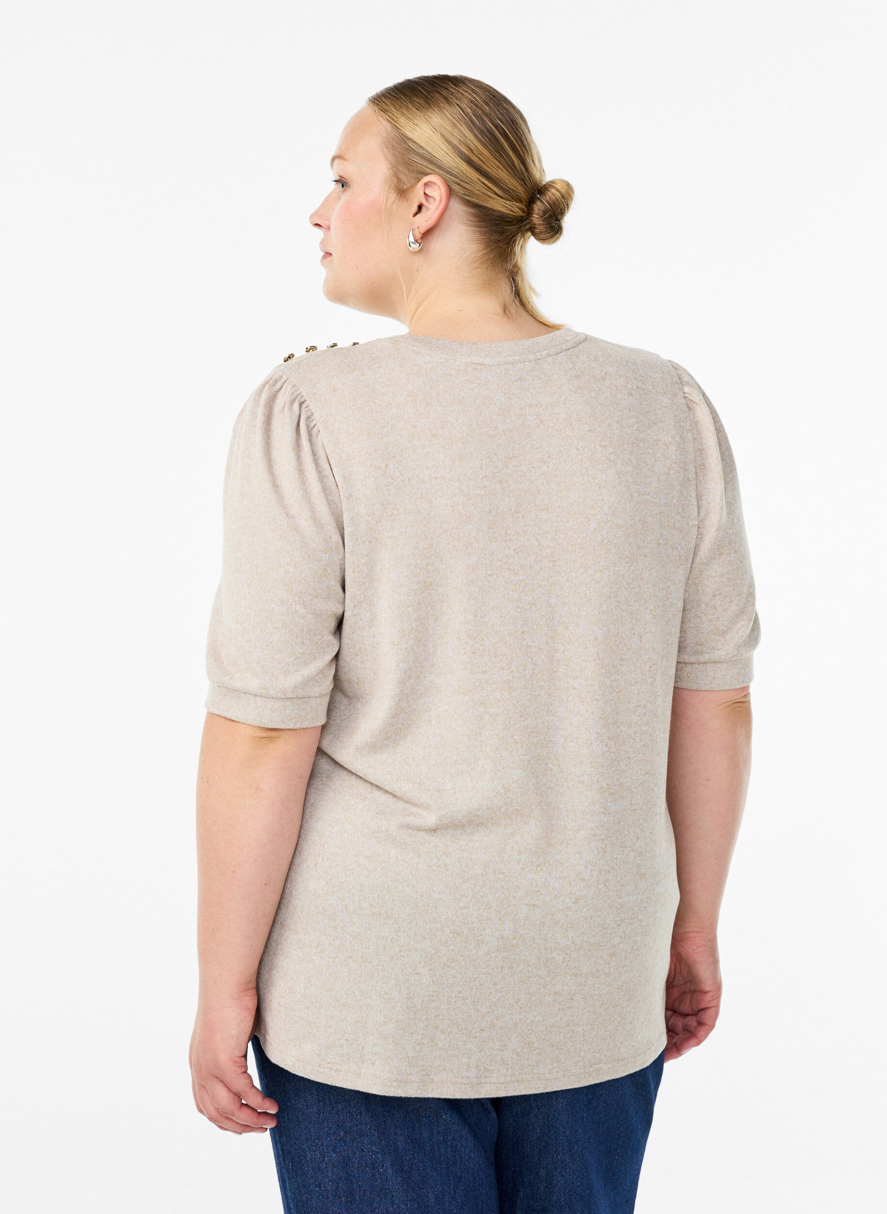 Zizzifashion Blouse with button detail and short puff sleeves, Beige, Model image number 2
