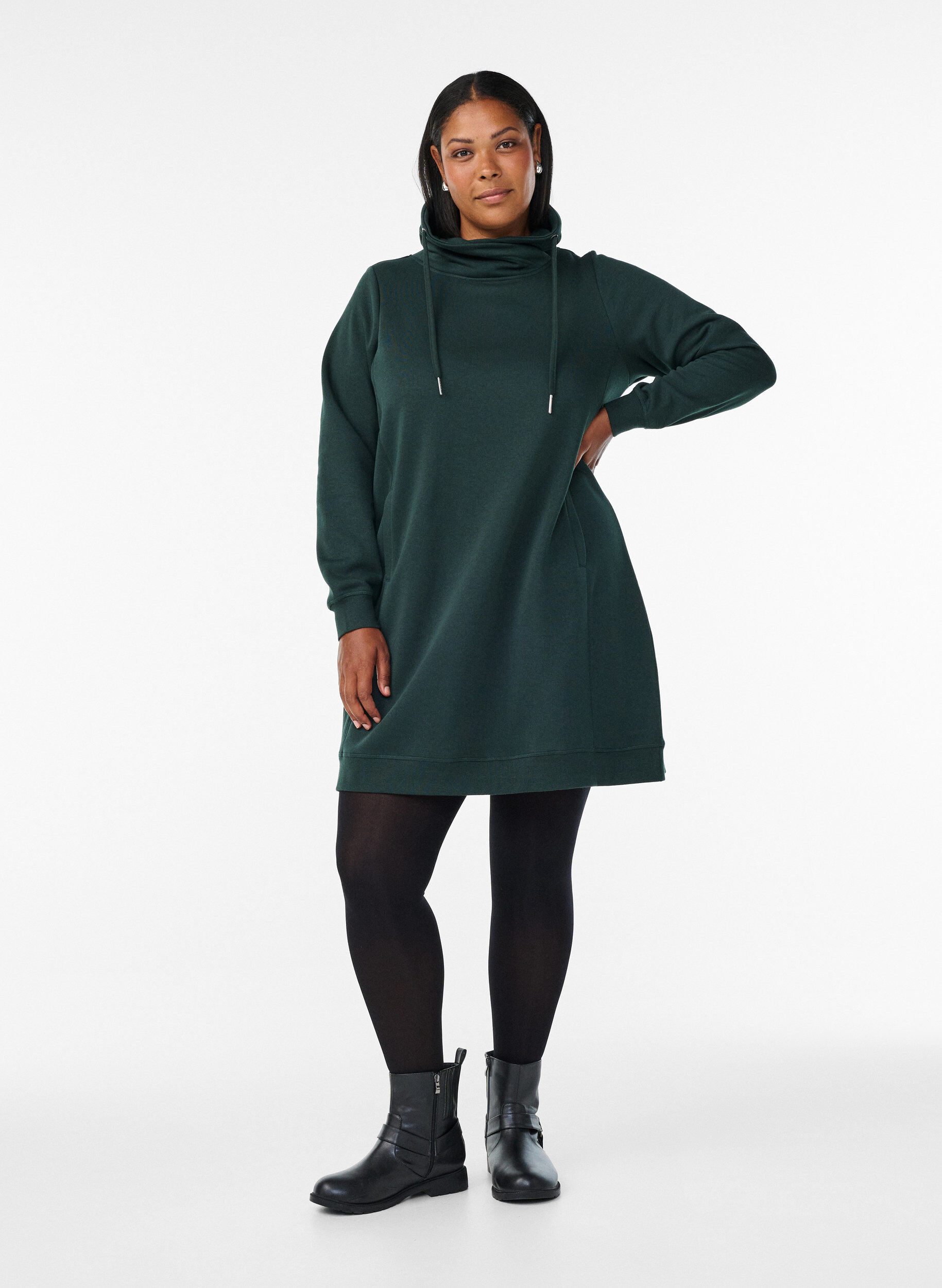 Zizzifashion Short sweatshirt dress with high collar and pockets, Green, Model image number 1