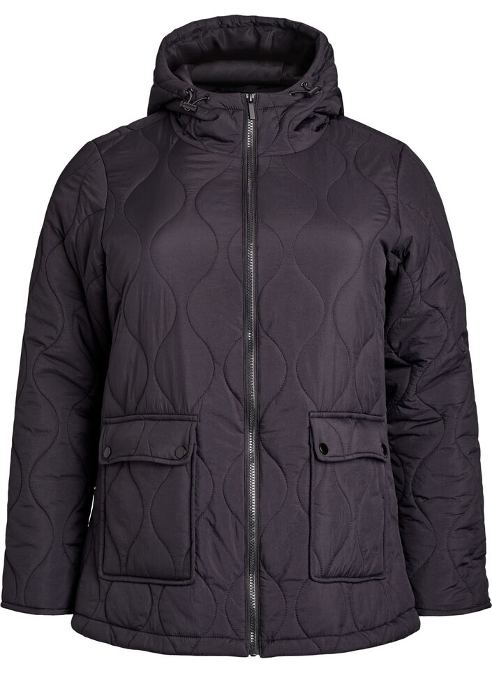 Quilted jacket with hood and pockets, Black, Packshot image number 0