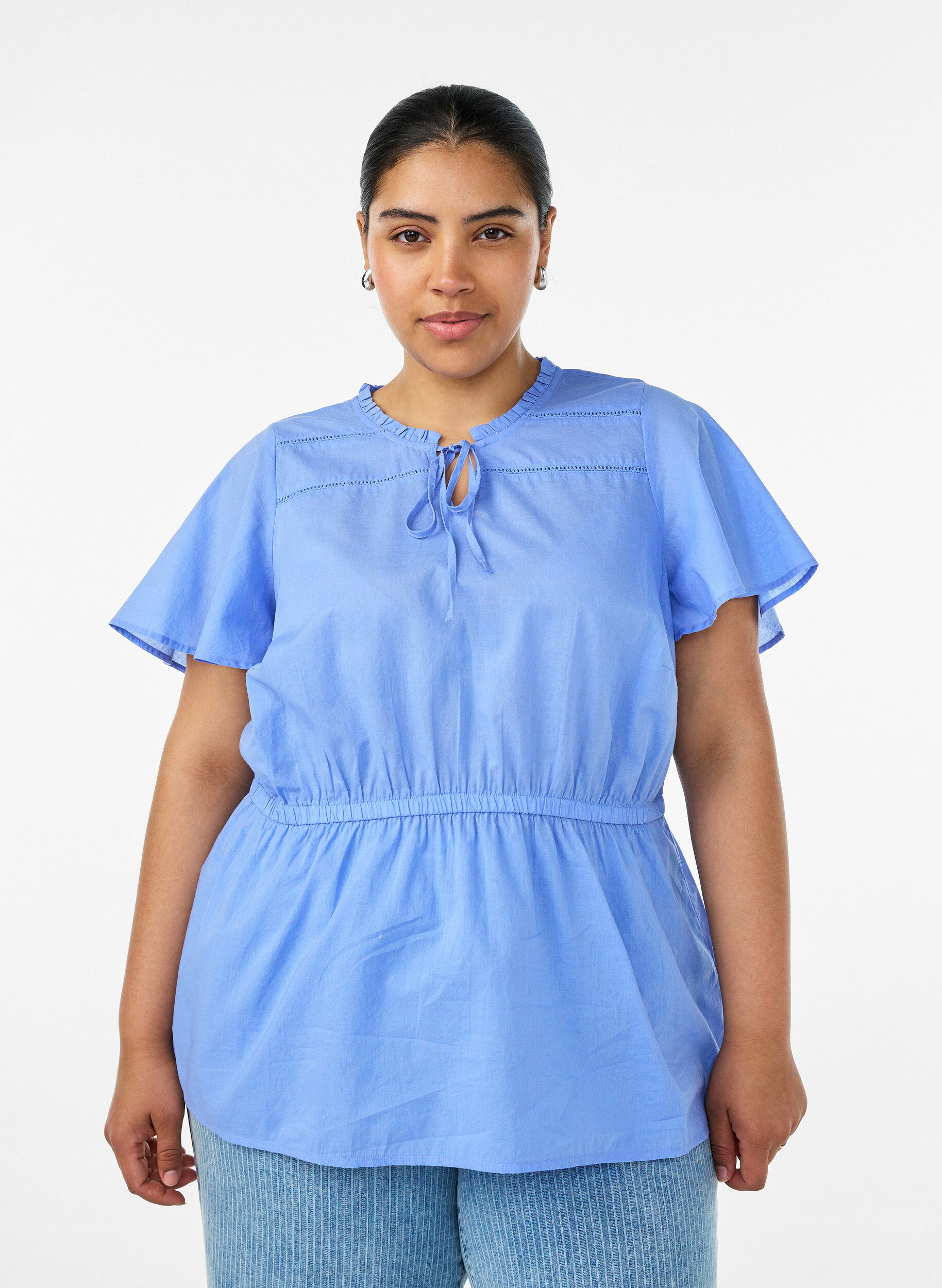 Zizzifashion Cotton blouse with tie-string and elastic waist, Blue, Model image number 0
