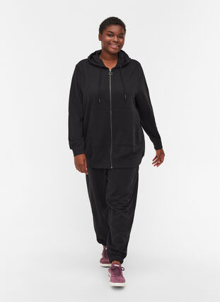 Sweat cardigan with hood and pocket, Black, Model image number 2