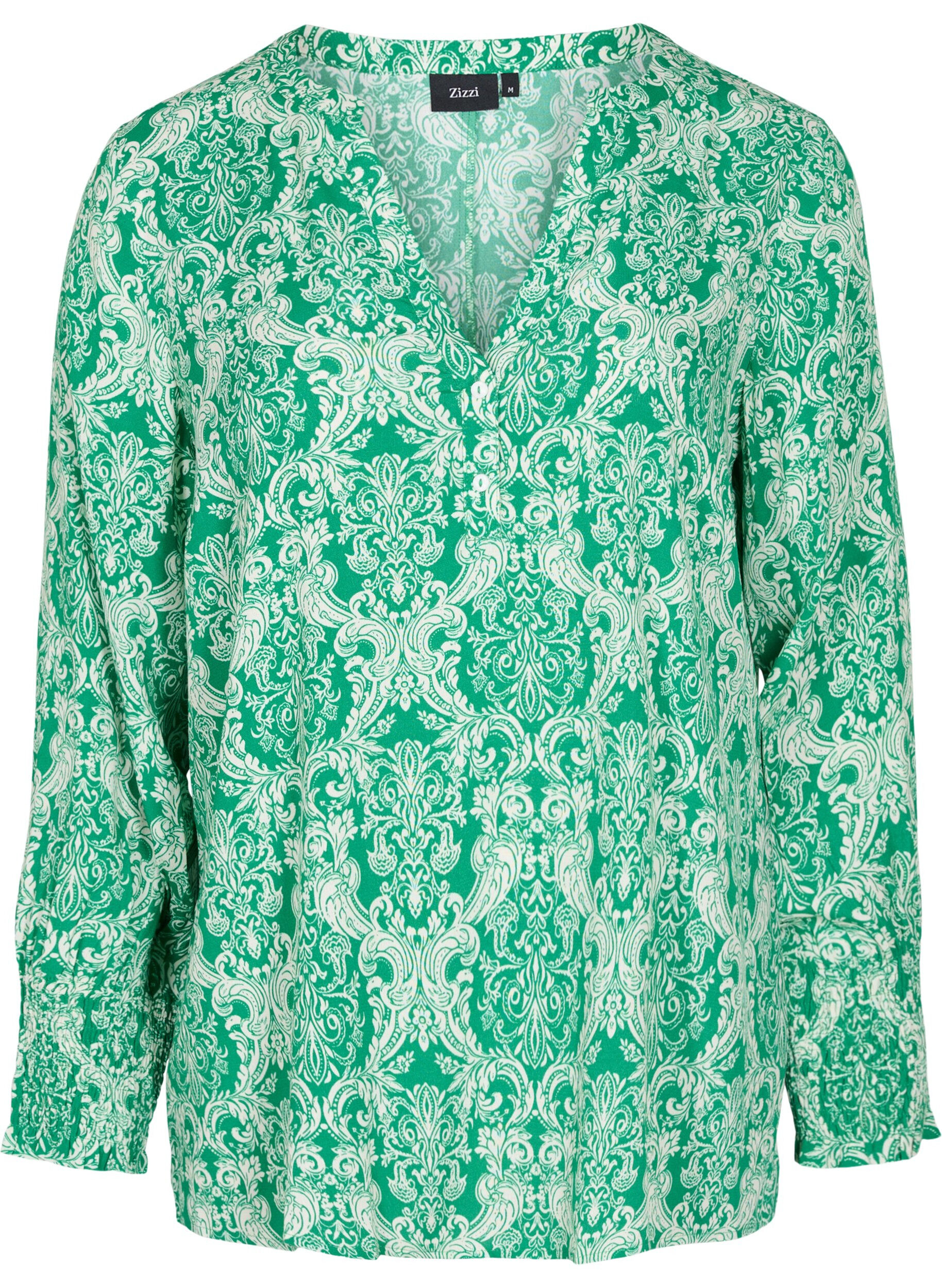 Zizzifashion Printed viscose top with smock, Jolly Green Oriental, Packshot image number 0