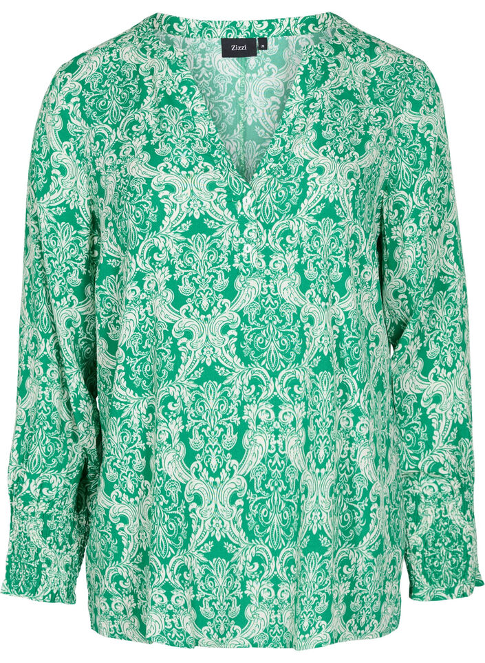 Printed viscose top with smock, Jolly Green Oriental, Packshot image number 0