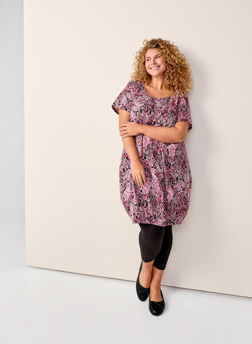 Short-sleeved cotton dress with print, Black, Image image number 0