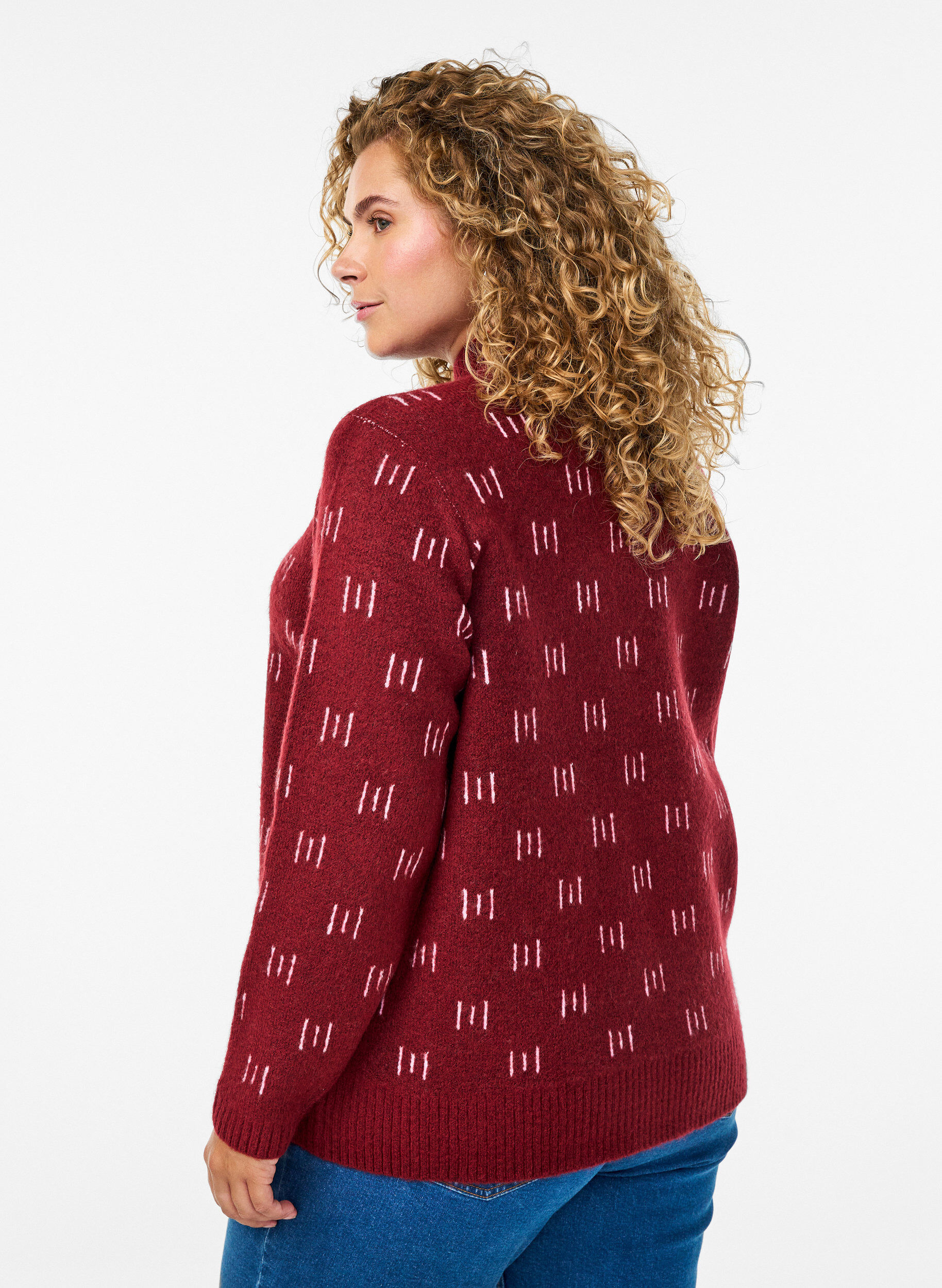 Zizzifashion Patterned knitted top with a high neck, Dark Bordeaux, Model image number 2