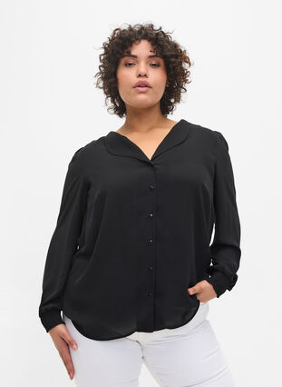 V-neck shirt with smock, Black, Model image number 0