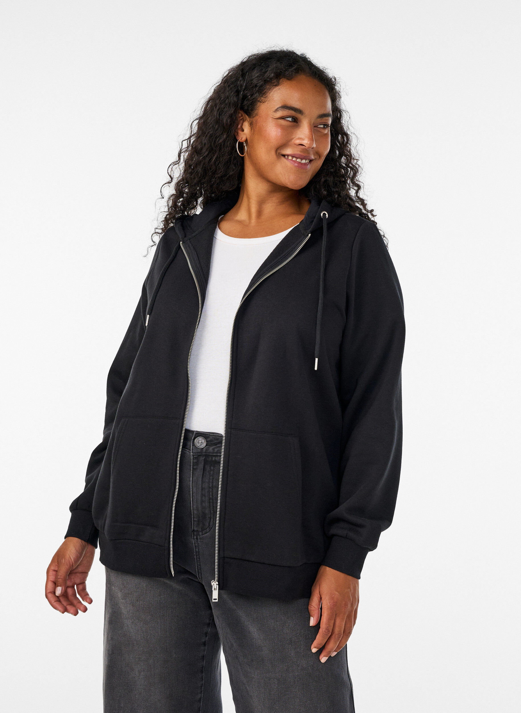 Zipped sweat hoodie with pockets, Black, Model