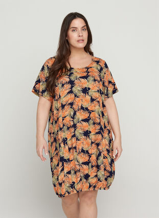 Short-sleeved viscose dress with print, Orange Leaf, Model image number 0