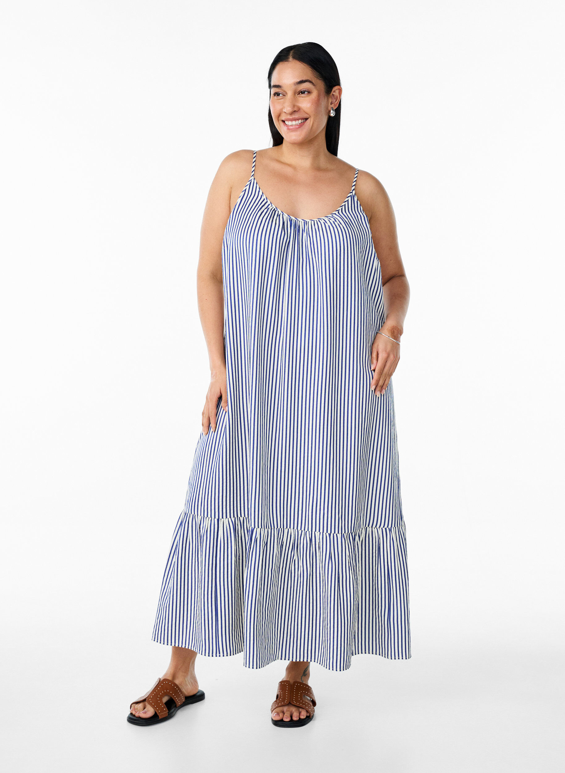 Summer dress with stripes and A-line shape, Blue, Model