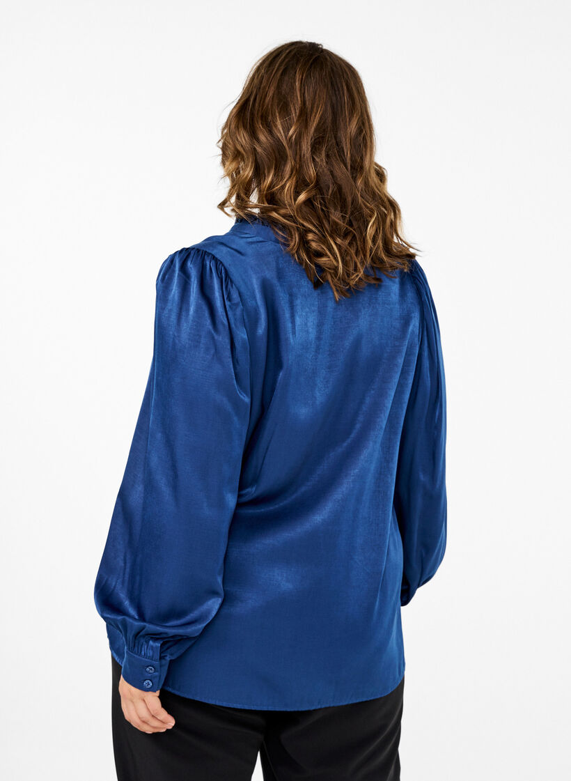 Long-sleeved blouse with ruffles and v-neck, Estate Blue, Model image number 1