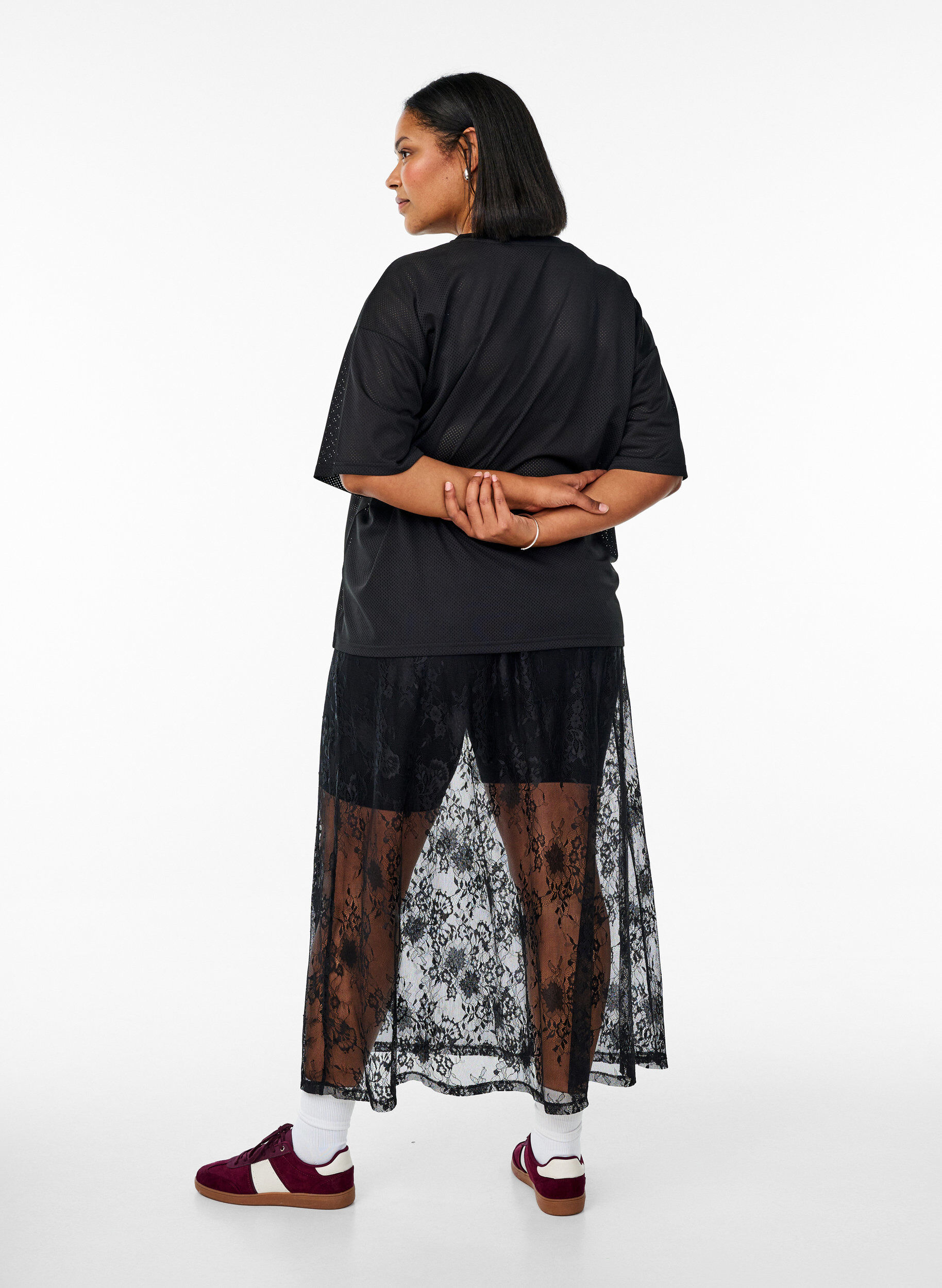 Zizzifashion Long skirt in sheer lace, Black, Model image number 1