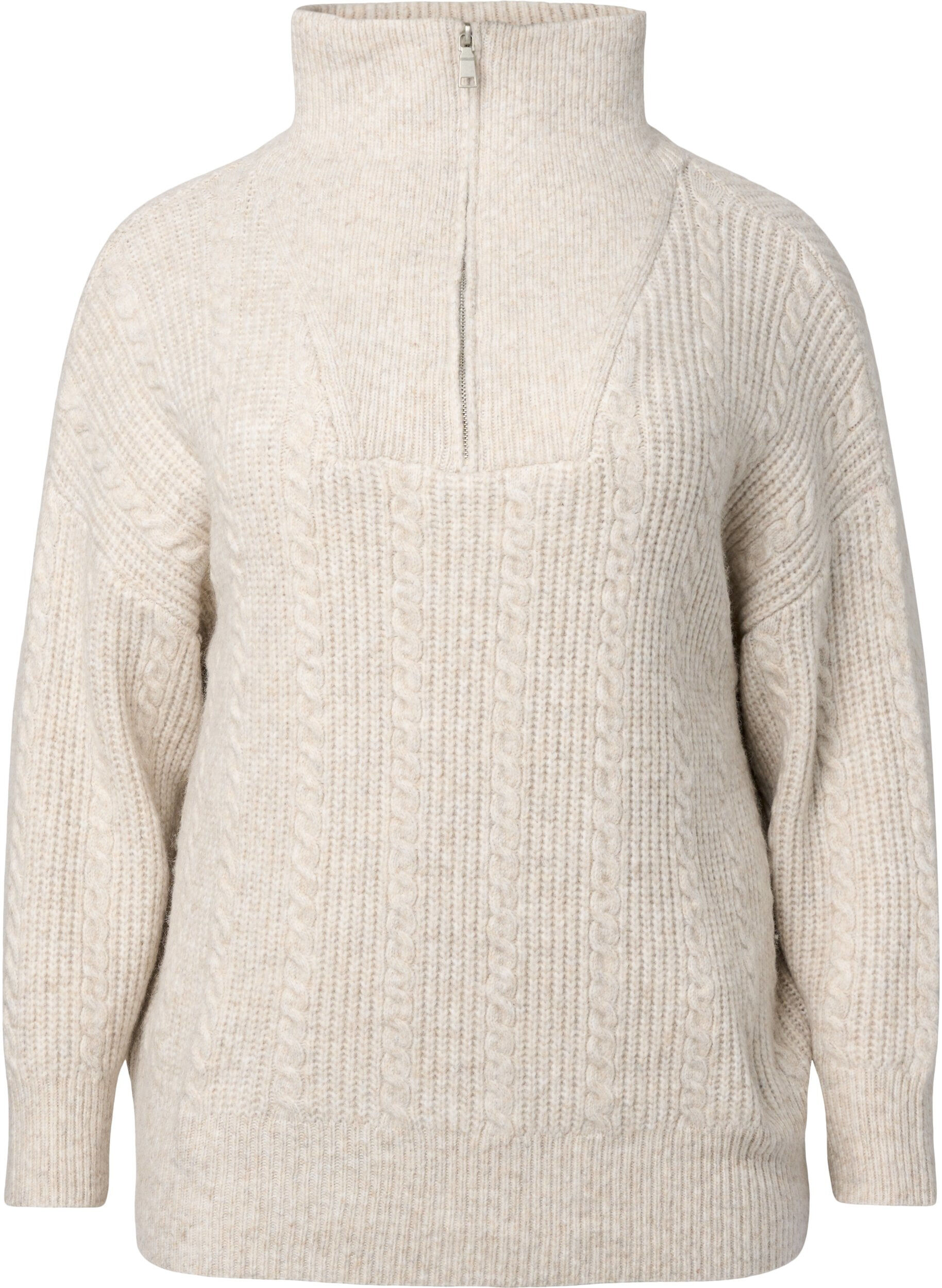 Zizzifashion Sweater in cable knit with zipper, Pumice Stone Mel., Packshot image number 0