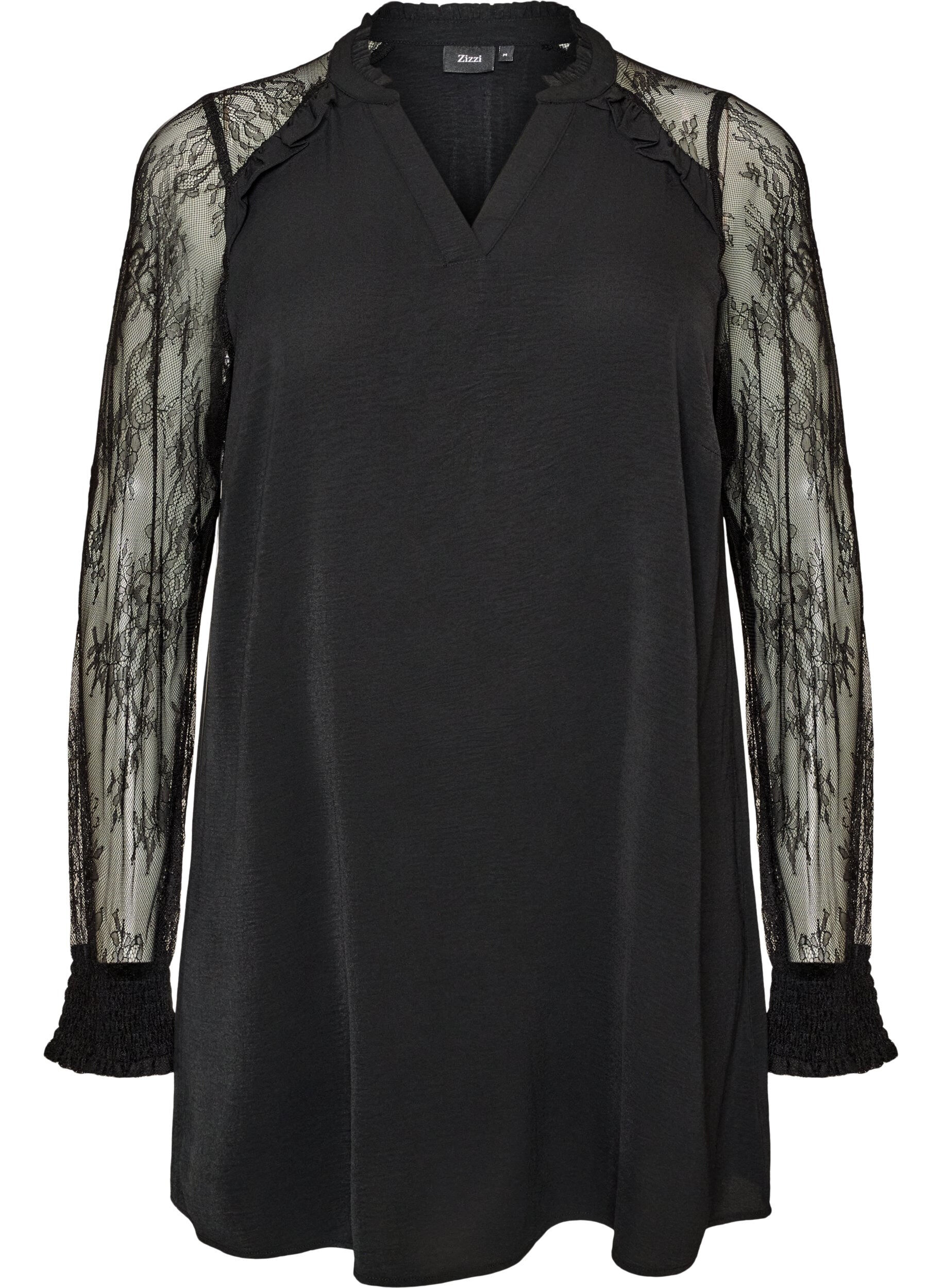ZizzifashionTunic with sheer lace sleeves, Black, Packshot image number 0