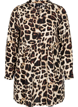 Viscose tunic with leopard print and A-line, Brown Leo , Packshot image number 0